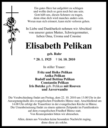 Traueranzeige von Elisabeth Pelikan von Tageszeitung