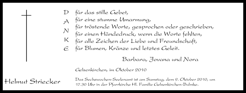  Traueranzeige für Helmut Striecker vom 05.10.2010 aus Tageszeitung