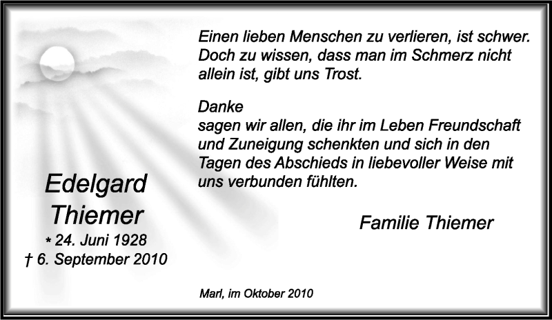  Traueranzeige für Edelgard Thiemer vom 01.10.2010 aus Tageszeitung