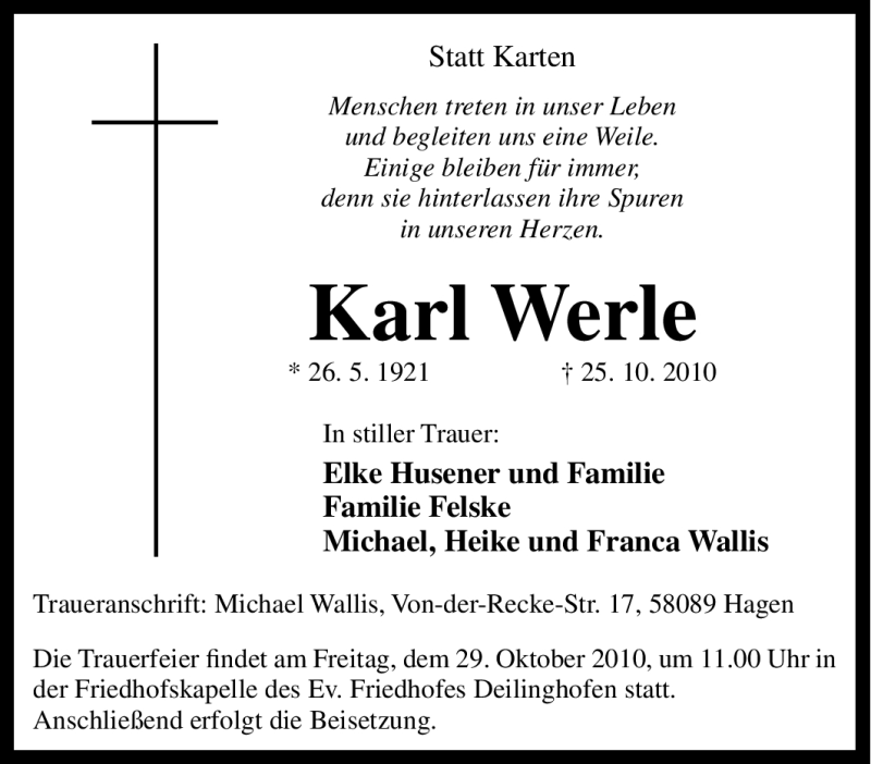  Traueranzeige für Karl Werle vom 27.10.2010 aus Tageszeitung