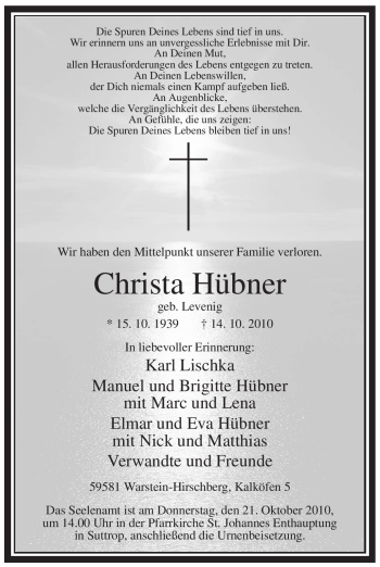 Traueranzeige von Christa Hübner von Tageszeitung