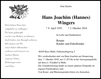 Traueranzeige von Hans Wingers von Tageszeitung