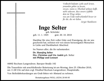 Traueranzeige von Inge Selter von Tageszeitung