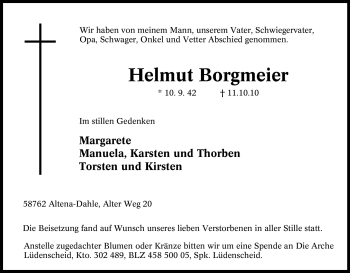 Traueranzeige von Helmut Borgmeier von Tageszeitung