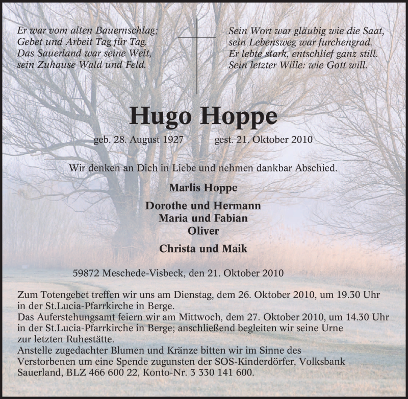  Traueranzeige für Hugo Hoppe vom 23.10.2010 aus Tageszeitung
