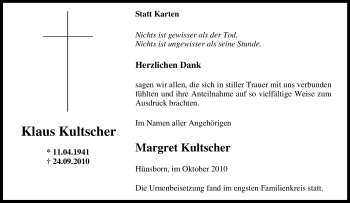 Traueranzeige von Klaus Kultscher von Tageszeitung