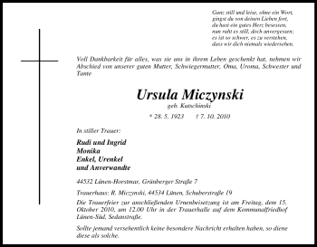 Traueranzeige von Ursula Miczynski von Tageszeitung