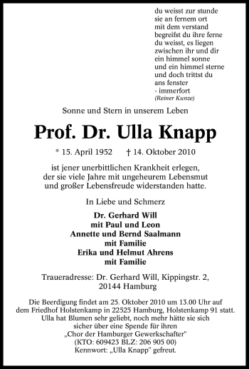 Traueranzeige von Ulla Knapp von Tageszeitung