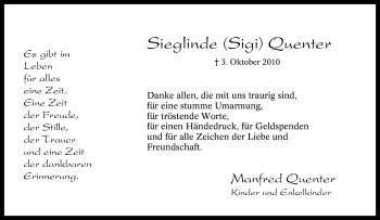 Traueranzeige von Sieglinde Quenter von Tageszeitung
