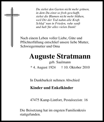Traueranzeige von Auguste Stratmann von Tageszeitung