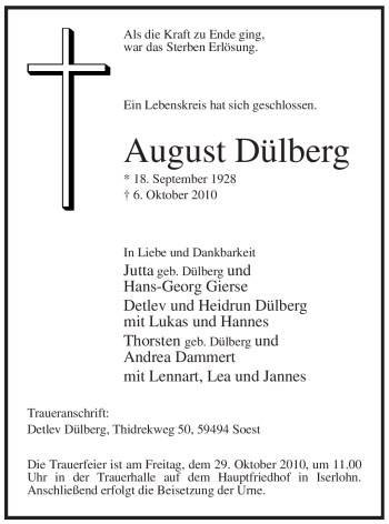 Traueranzeige von August Dülberg von Tageszeitung