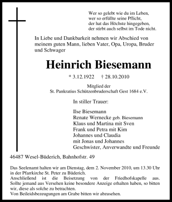 Traueranzeige von Heinrich Biesemann von Tageszeitung