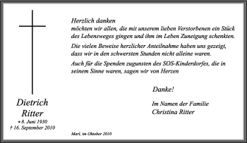 Traueranzeige von Dietrich Ritter von Tageszeitung