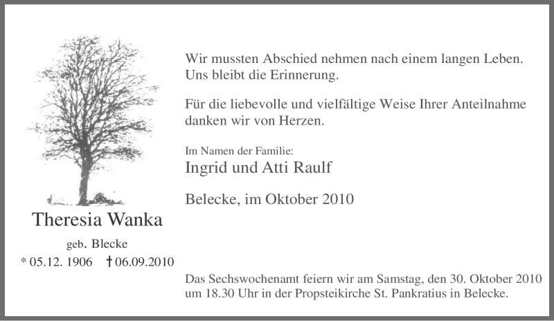 Traueranzeige für Theresia Wanka vom 23.10.2010 aus Tageszeitung