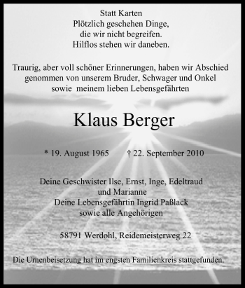 Traueranzeige von Klaus Berger von Tageszeitung