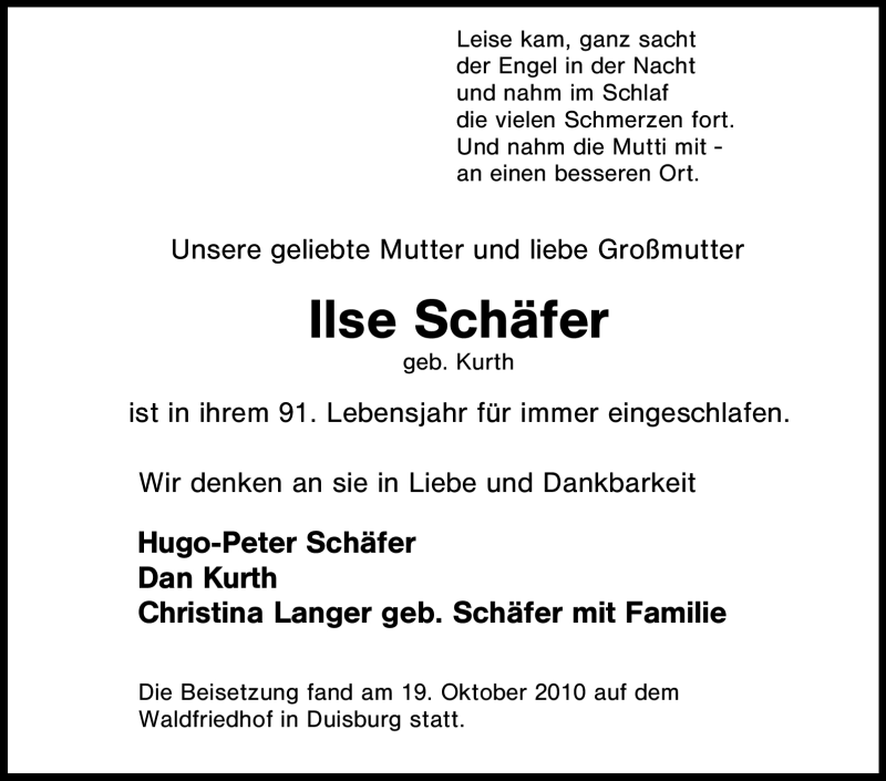  Traueranzeige für Ilse Schäfer vom 30.10.2010 aus Tageszeitung