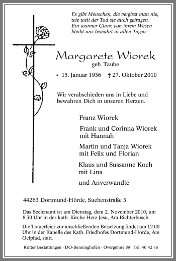 Traueranzeige von Margarete Wiorek von Tageszeitung