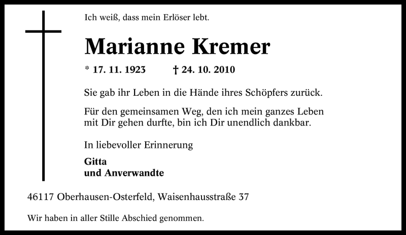  Traueranzeige für Marianne Kremer vom 29.10.2010 aus Tageszeitung