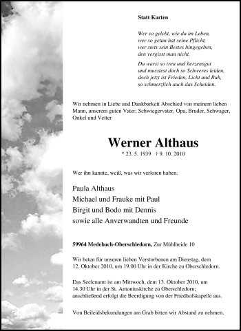 Traueranzeige von Werner Althaus von Tageszeitung