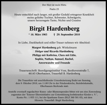 Traueranzeige von Birgit Hardenberg von Tageszeitung