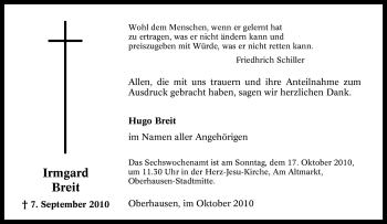 Traueranzeige von Irmgard Breit von Tageszeitung