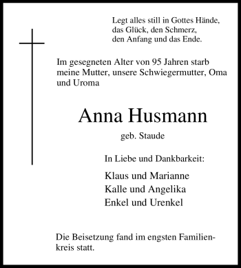 Traueranzeige von Anna Husmann von Tageszeitung