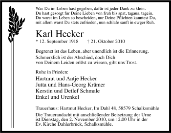 Traueranzeige von Karl Hecker von Tageszeitung