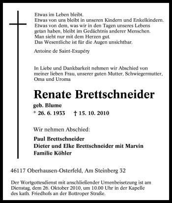 Traueranzeige von Renate Brettschneider von Tageszeitung