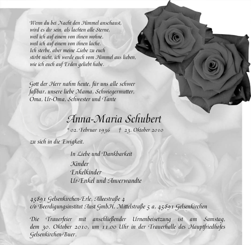  Traueranzeige für Anna-Maria Schubert vom 29.10.2010 aus Tageszeitung