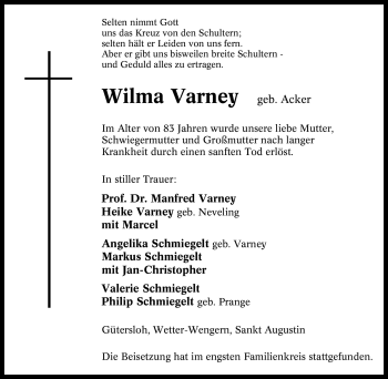 Traueranzeige von Wilma Varney von Tageszeitung