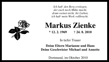 Traueranzeige von Markus Zienke von Tageszeitung