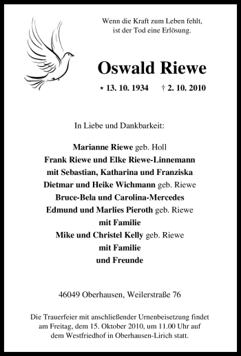 Traueranzeige von Oswald Riewe von Tageszeitung