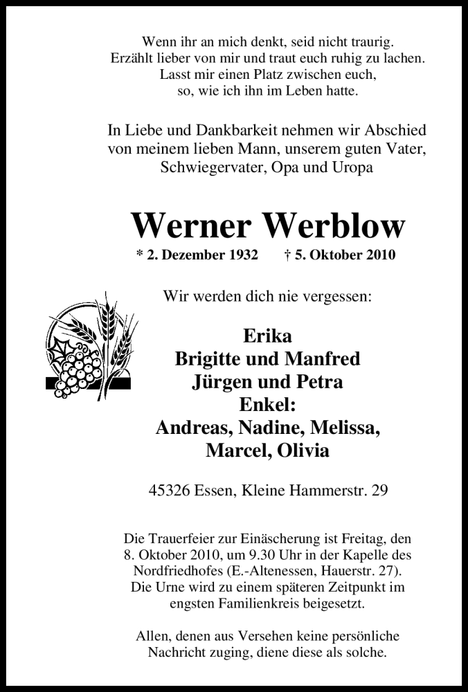 Traueranzeige für Werner Werblow vom 06.10.2010 aus Tageszeitung