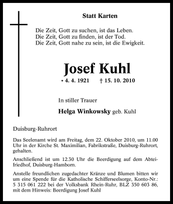 Traueranzeige von Josef Kuhl von Tageszeitung