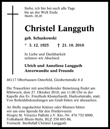 Traueranzeige von Christel Langguth von Tageszeitung