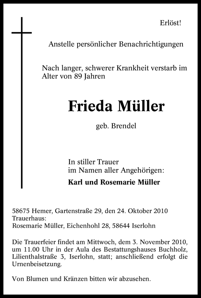  Traueranzeige für Frieda Müller vom 29.10.2010 aus Tageszeitung