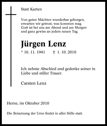 Traueranzeige von Jürgen Lenz von Tageszeitung