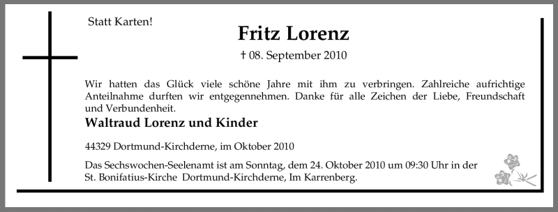  Traueranzeige für Fritz Lorenz vom 18.10.2010 aus Tageszeitung