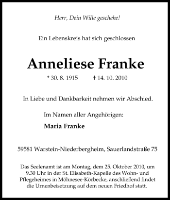 Traueranzeige von Anneliese Franke von Tageszeitung