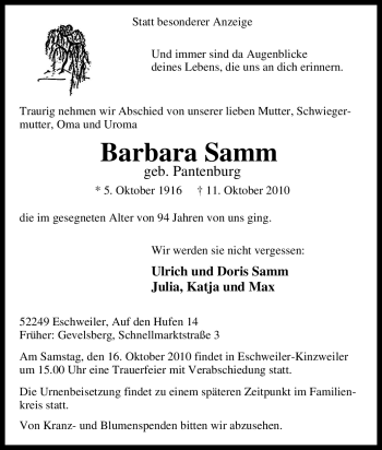 Traueranzeige von Barbara Samm von Tageszeitung