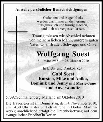 Traueranzeige von Wolfgang Soest von Tageszeitung