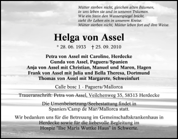 Traueranzeige von Helga von Assel von Tageszeitung