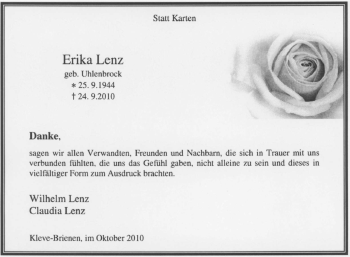 Traueranzeige von Erika Lenz von Tageszeitung