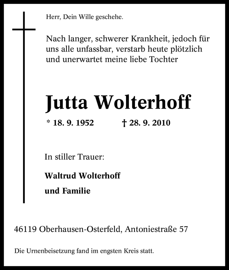  Traueranzeige für Jutta Wolterhoff vom 09.10.2010 aus Tageszeitung