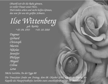 Traueranzeige von Ilse Wittenberg von Tageszeitung