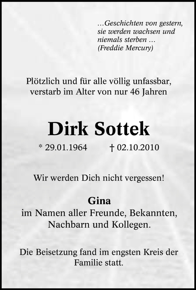  Traueranzeige für Dirk Sottek vom 09.10.2010 aus Tageszeitung