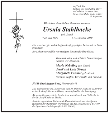 Traueranzeige von Ursula Stahlhacke von Tageszeitung