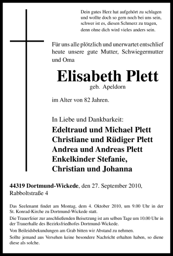 Traueranzeige von Elisabeth Plett von Tageszeitung