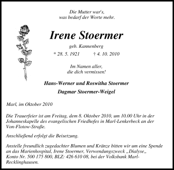 Traueranzeige von Irene Stoermer von Tageszeitung