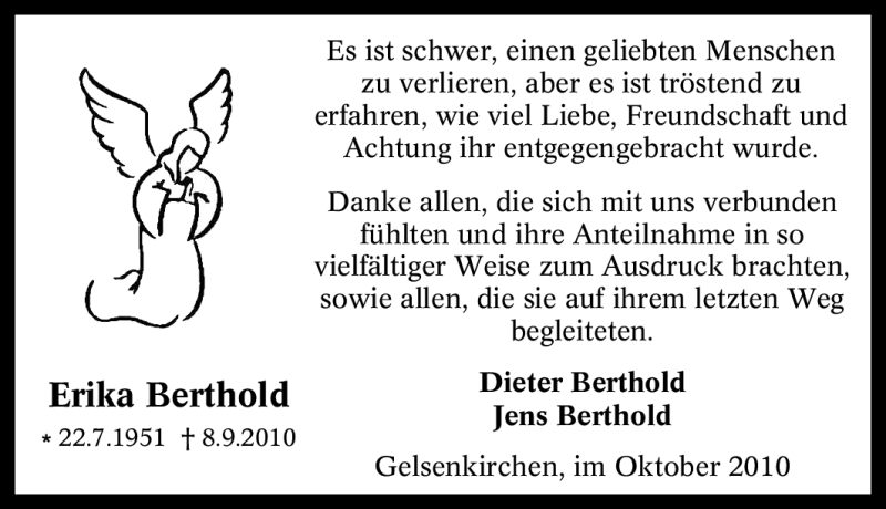  Traueranzeige für Erika Berthold vom 02.10.2010 aus Tageszeitung